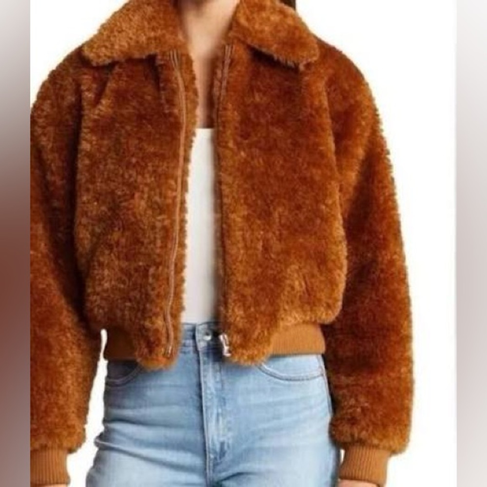 Rag & Bone Nikki Amber Brown Faux Fur Teddy Bomber Jacket M